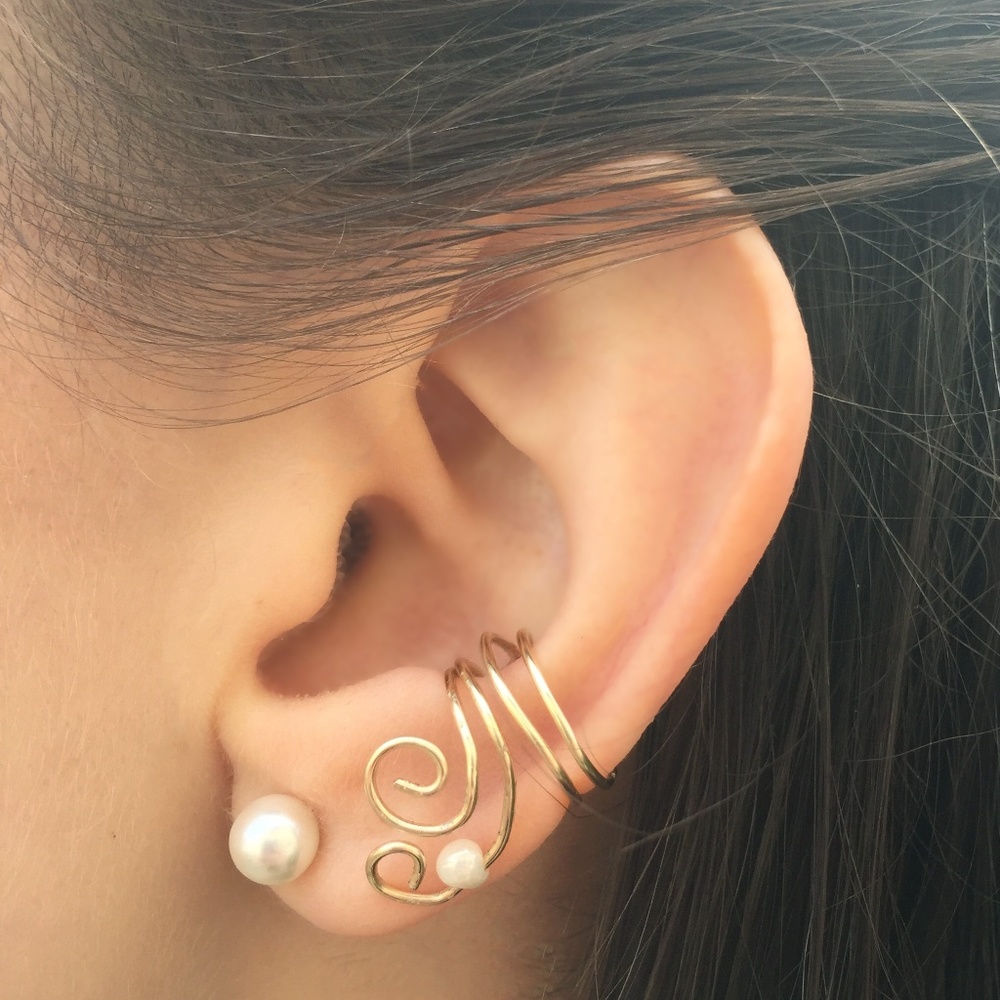 Golden Swirl Ear Cuff with Pearl Bead No Piercing